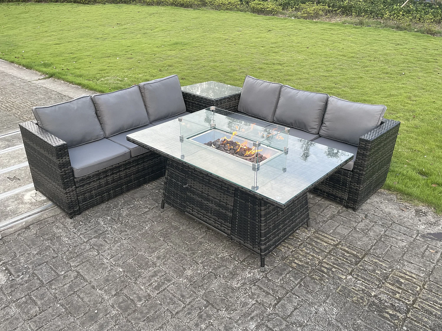 Fimous Outdoor Rattan Garden Corner Furniture Gas Fire Pit Table Dining Sets Gas Heater Burner Lounge Dark Grey 6 Seater
