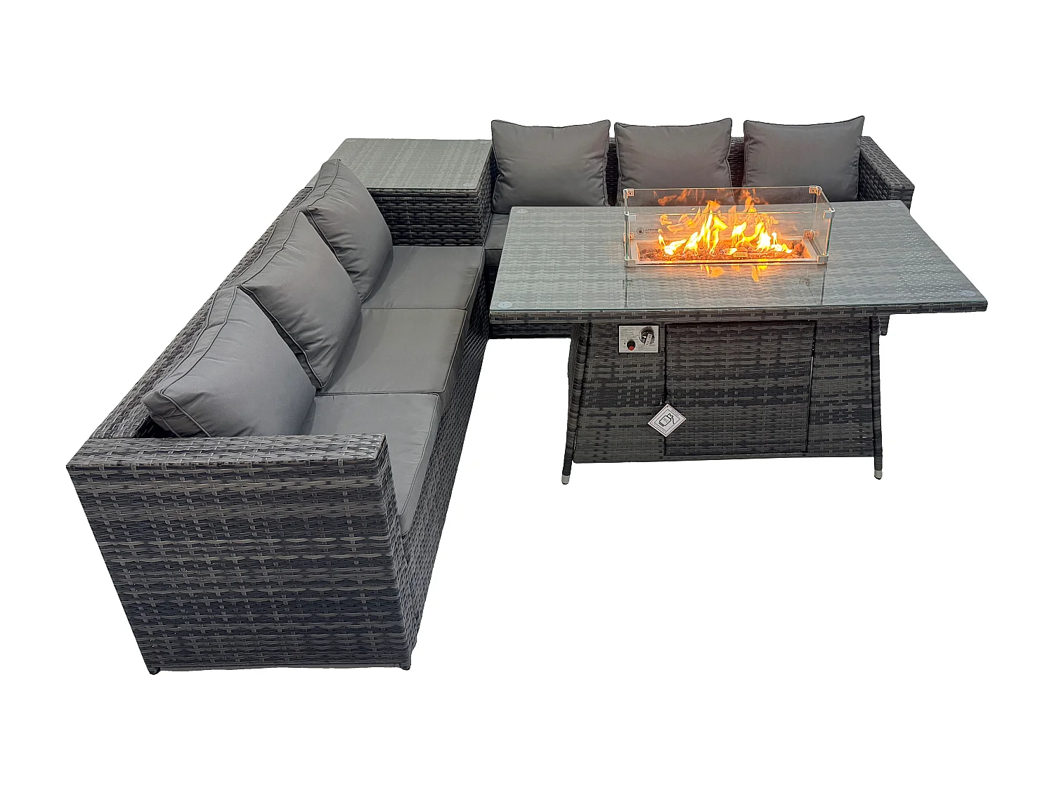 Fimous Outdoor Rattan Garden Corner Furniture Gas Fire Pit Table Dining Sets Gas Heater Burner Lounge Dark Grey 6 Seater