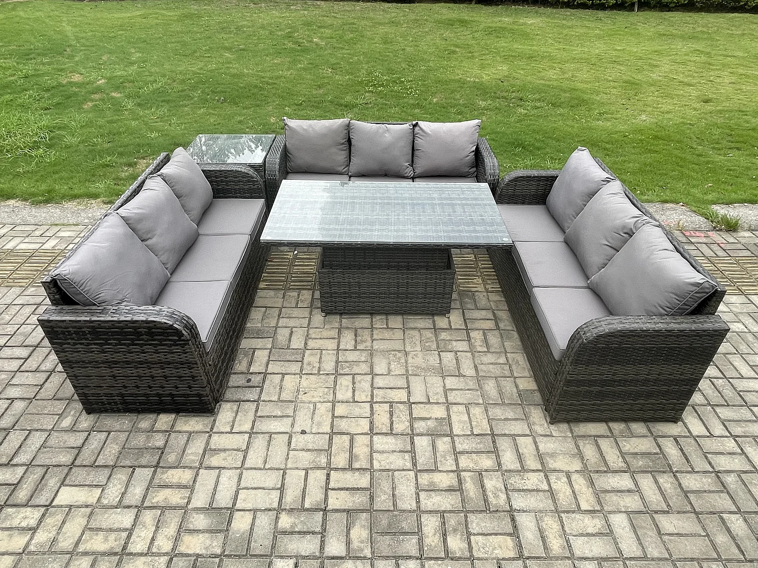 Fimous Patio Garden Dining Set Outdoor Rattan Furniture Lounge Sofa Height Adjustable Rising lifting Table With Side Table Dark Grey Mixed