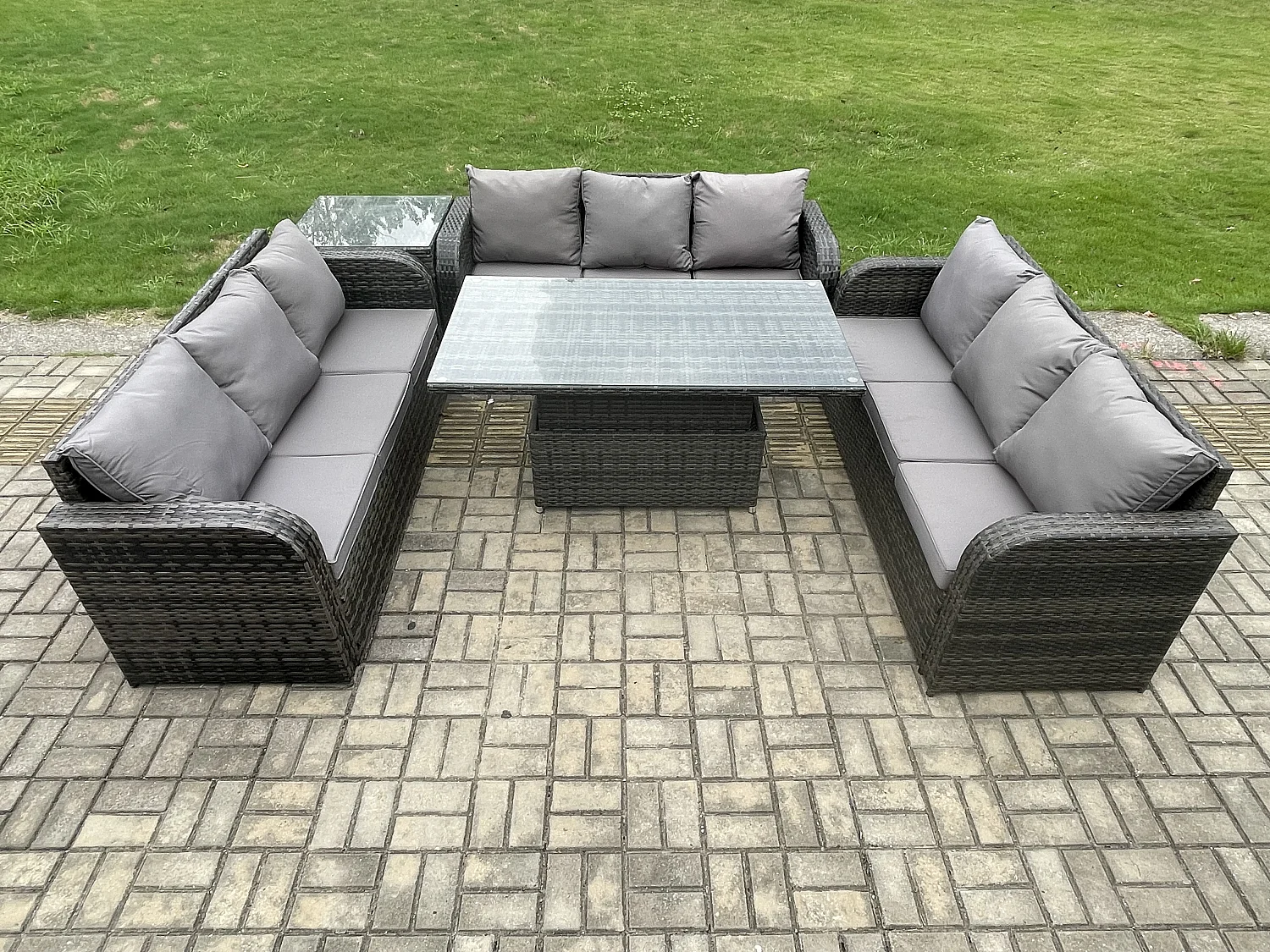 Fimous Patio Garden Dining Set Outdoor Rattan Furniture Lounge Sofa Height Adjustable Rising lifting Table With Side Table Dark Grey Mixed
