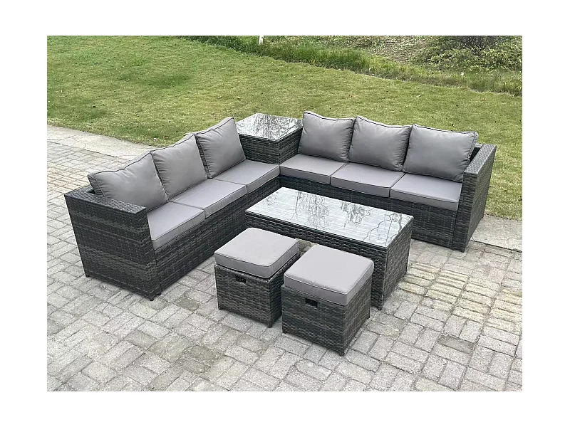 Rattan Gartenmöbel Set mit Ecksofa Couchtisch Beistelltisch 2 Hocker Dunkelgrau gemischt