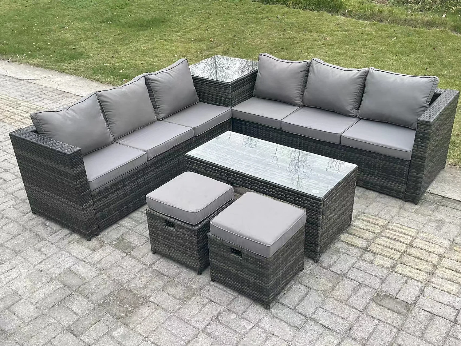 Fimous 8 Seater Rattan Corner Sofa Set With Square Side Table And Oblong Rectangular Coffee Tea Table 2 Stools Dark Grey Mixed