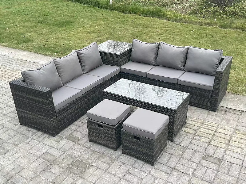 Ensemble de meubles de jardin en rotin ave Canapé d'angle Table basse Table d'appoint 2 Tabourets Mélange gris foncé