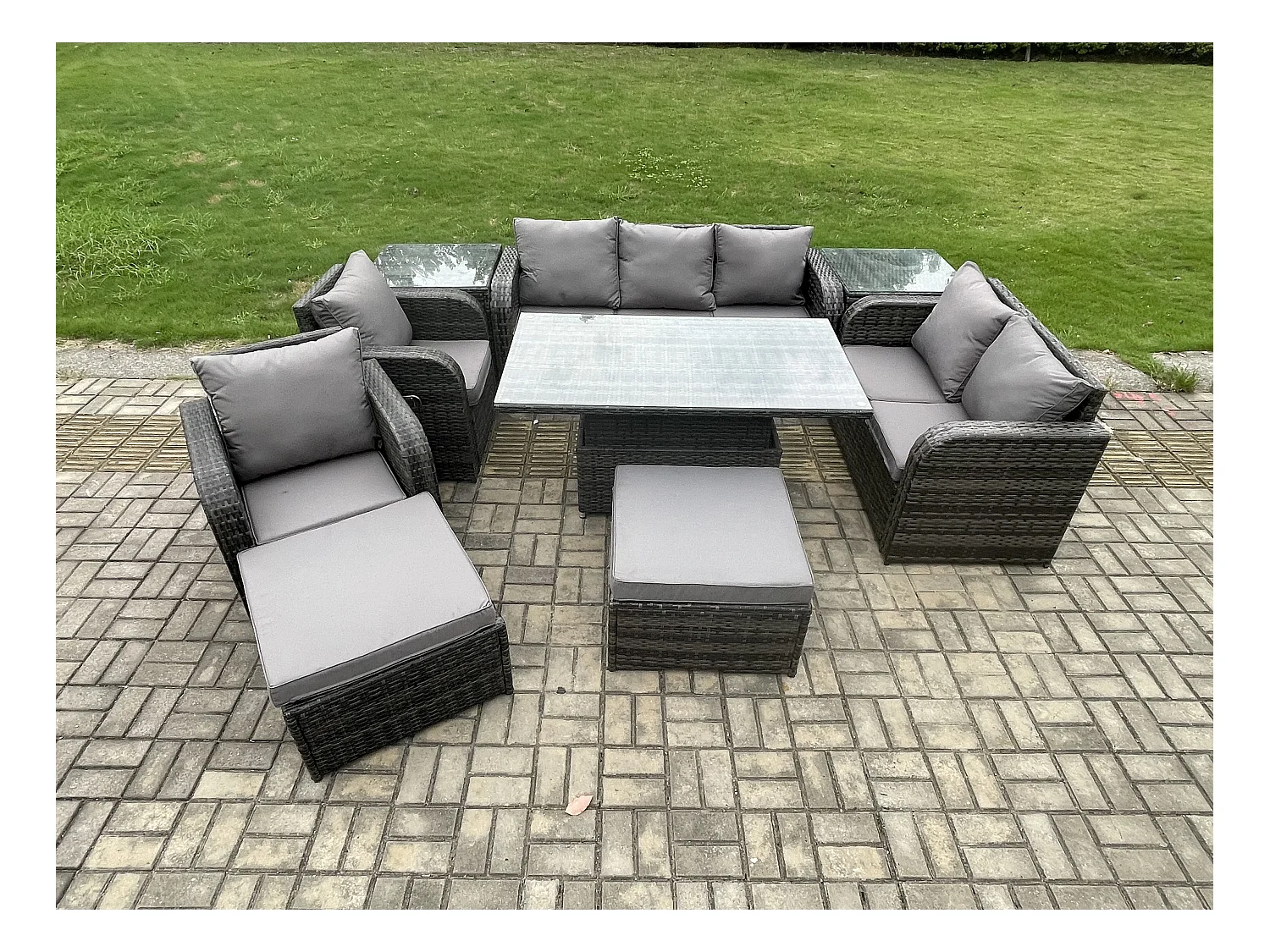 Ensemble de salle à manger jardin en rotin ave Table à manger réglable en hauteur 2 Chaises inclinable Canapé d'amour 2 Grand Tabourets 2 Table d'appoint