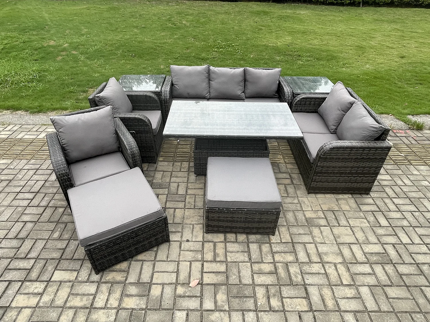 Fimous Outdoor Rattan Furniture Garden Dining Set Patio Height Adjustable Rising lifting Table Reclining Chair Sofa With 2 Side Tables 2 Big Footstools
