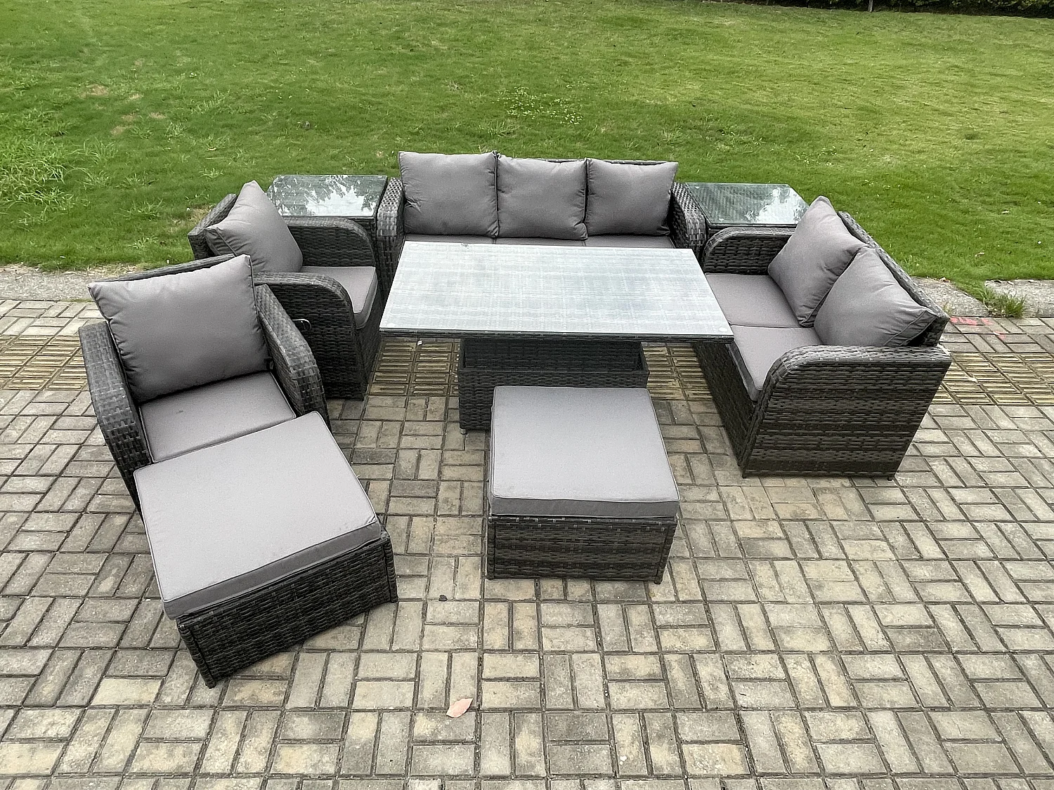 Fimous Outdoor Rattan Furniture Garden Dining Set Patio Height Adjustable Rising lifting Table Reclining Chair Sofa With 2 Side Tables 2 Big Footstools