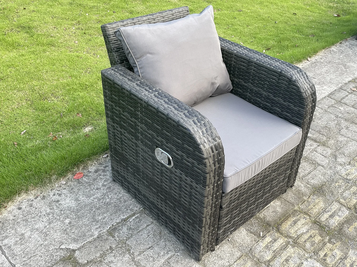 Fimous Outdoor Rattan Furniture Garden Dining Set Patio Height Adjustable Rising lifting Table Reclining Chair Sofa With 2 Side Tables 2 Big Footstools