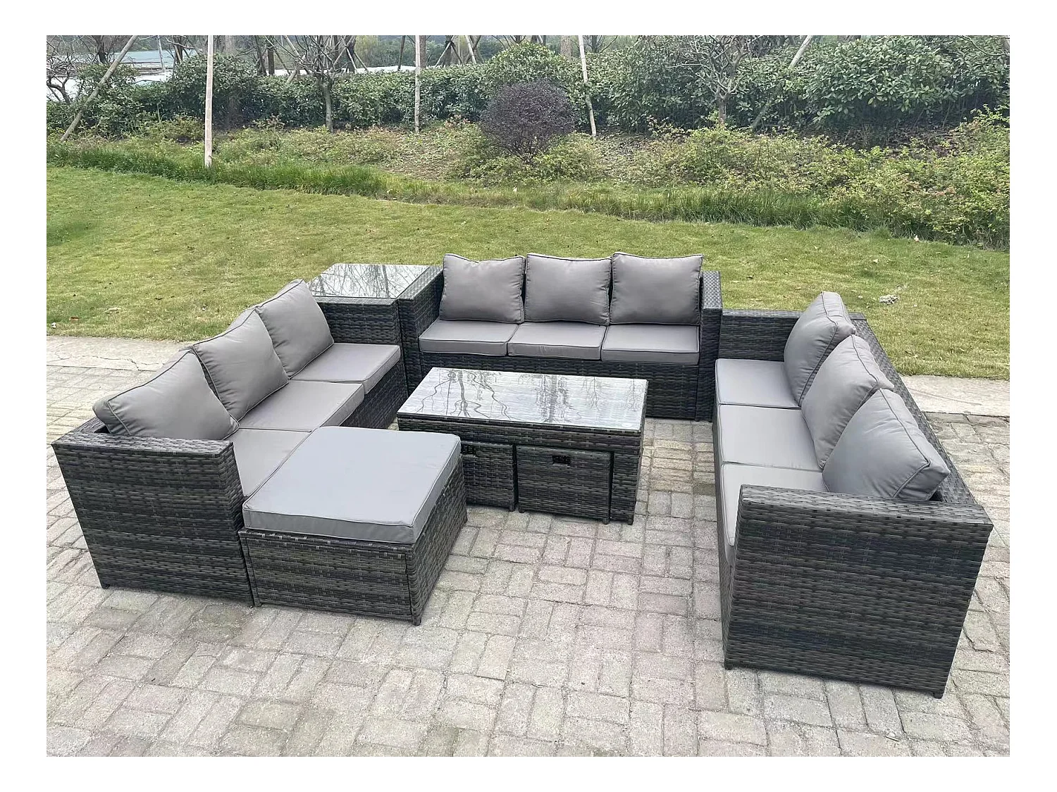 Mobilier de jardin extérieur 12 Places ave canapé Table basse Table d'appoint 3 Tabourets Mélange gris foncé