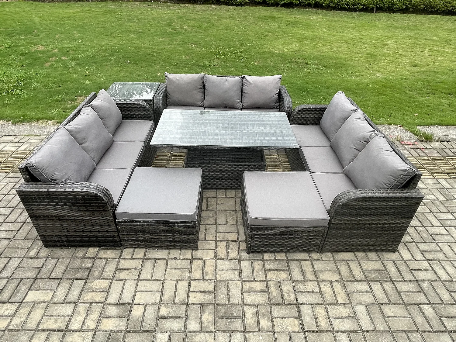 Fimous 11 Seater Garden Dining Sets Outdoor Rattan Furniture Lounge Sofa Height Adjustable Rising lifting Table With Side Table 2 Big Footstool Dark Grey Mixed