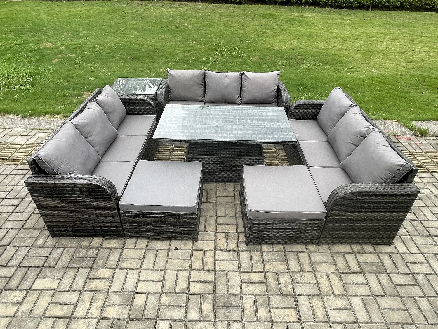 Fimous 11 Seater Garden Dining Sets Outdoor Rattan Furniture Lounge Sofa Height Adjustable Rising lifting Table With Side Table 2 Big Footstool Dark Grey Mixed