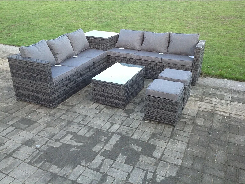 Rattan Gartenmöbel Set 8-Sitzer mit Ecksofa Beistelltisch Stuhl Dunkelgrau gemischt