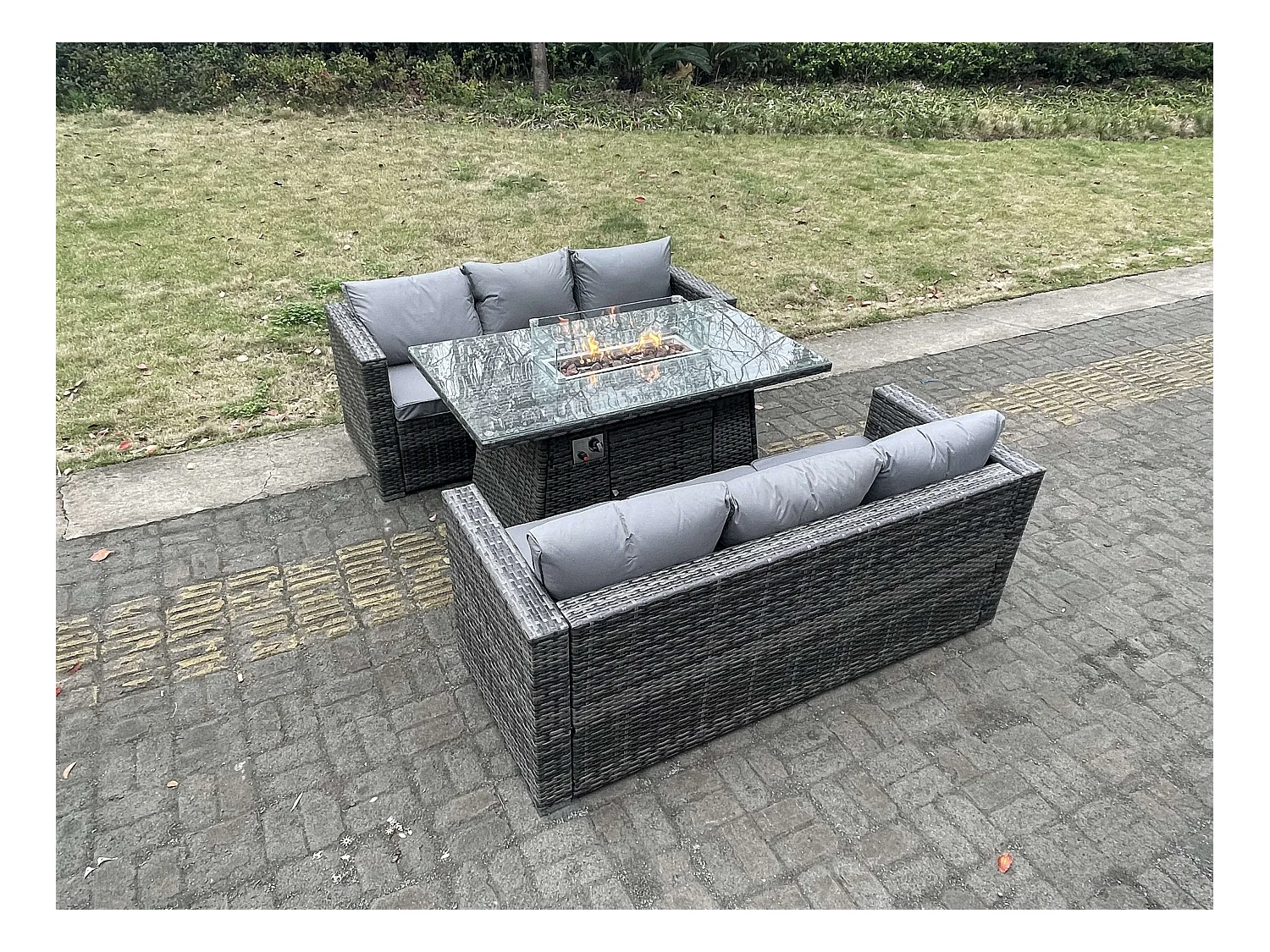 Meubles à manger de jardin PE Rotin 4 Places ave canapé Table de foyer à gaz Mélange gris foncé