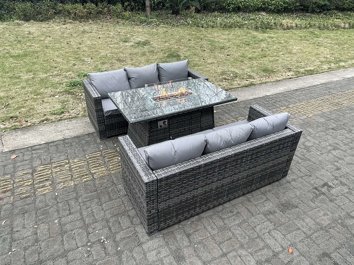 Fimous 6 Seater Outdoor PE Rattan Garden Furniture Gas Fire Pit Dining Table Set Lounge Sofa Three Seater Sofa Dark Grey Mixed Patio