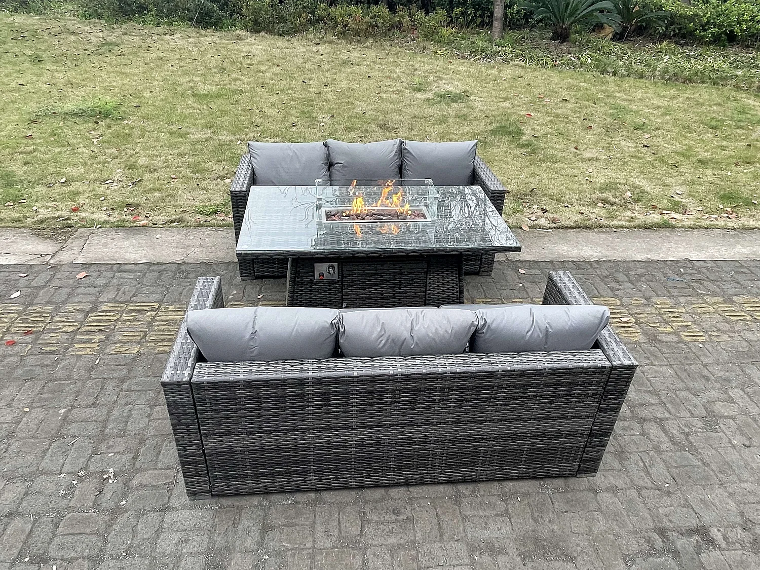 Fimous 6 Seater Outdoor PE Rattan Garden Furniture Gas Fire Pit Dining Table Set Lounge Sofa Three Seater Sofa Dark Grey Mixed Patio