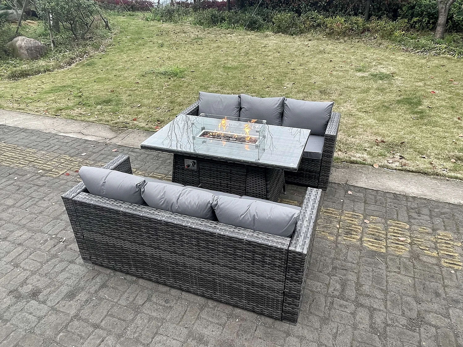 Fimous 6 Seater Outdoor PE Rattan Garden Furniture Gas Fire Pit Dining Table Set Lounge Sofa Three Seater Sofa Dark Grey Mixed Patio