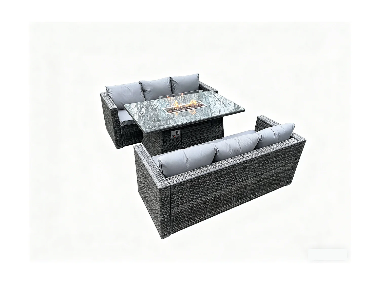 Fimous 6 Seater Outdoor PE Rattan Garden Furniture Gas Fire Pit Dining Table Set Lounge Sofa Three Seater Sofa Dark Grey Mixed Patio