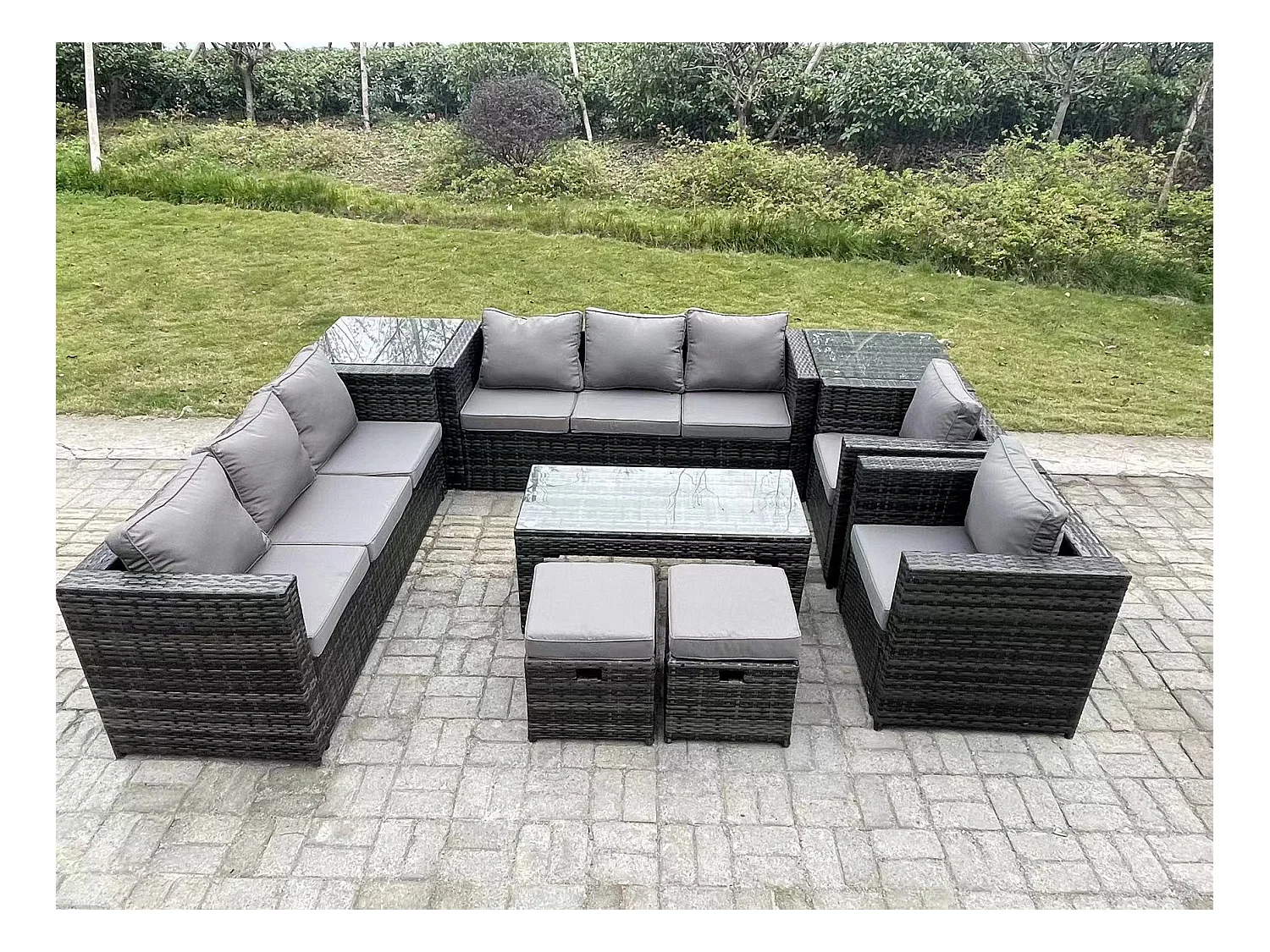 Meubles de jardin PE Rotin ave canapé Table basse 2 Tabourets 2 Chaise 2 Table d'appoint Mélange gris foncé