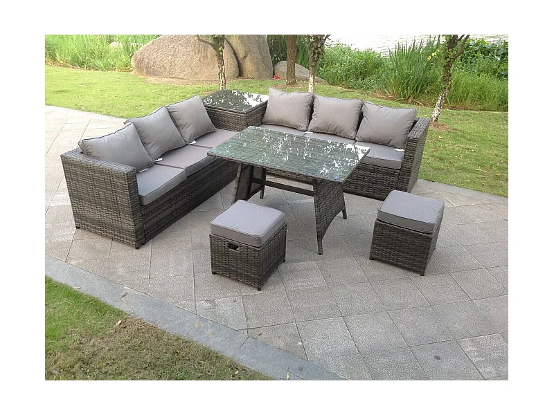 Salon de jardin exterieur Canapé d'angle Table à manger avec 2 Petits tabourets