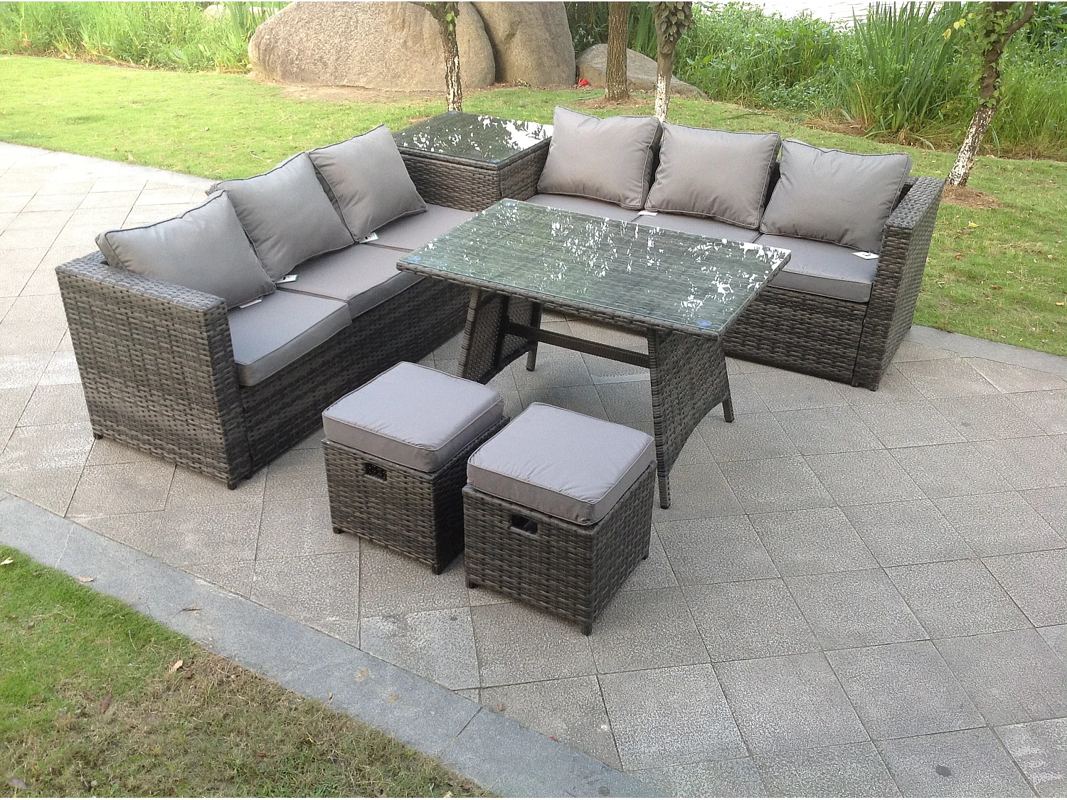 Salon de jardin exterieur Canapé d'angle Table à manger avec 2 Petits tabourets