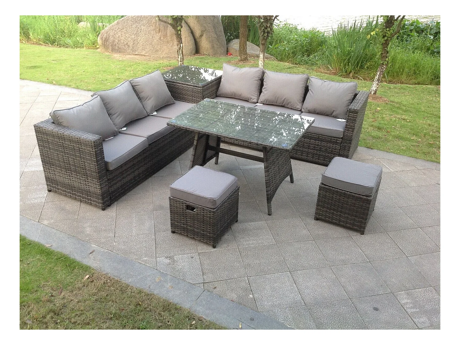 Salon de jardin exterieur Canapé d'angle Table à manger avec 2 Petits tabourets