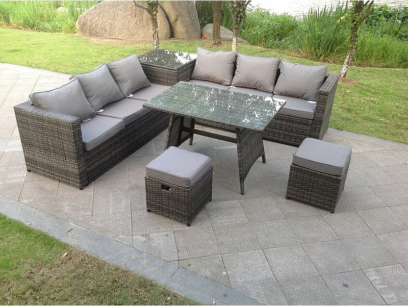 Salon de jardin exterieur Canapé d'angle Table à manger avec 2 Petits tabourets