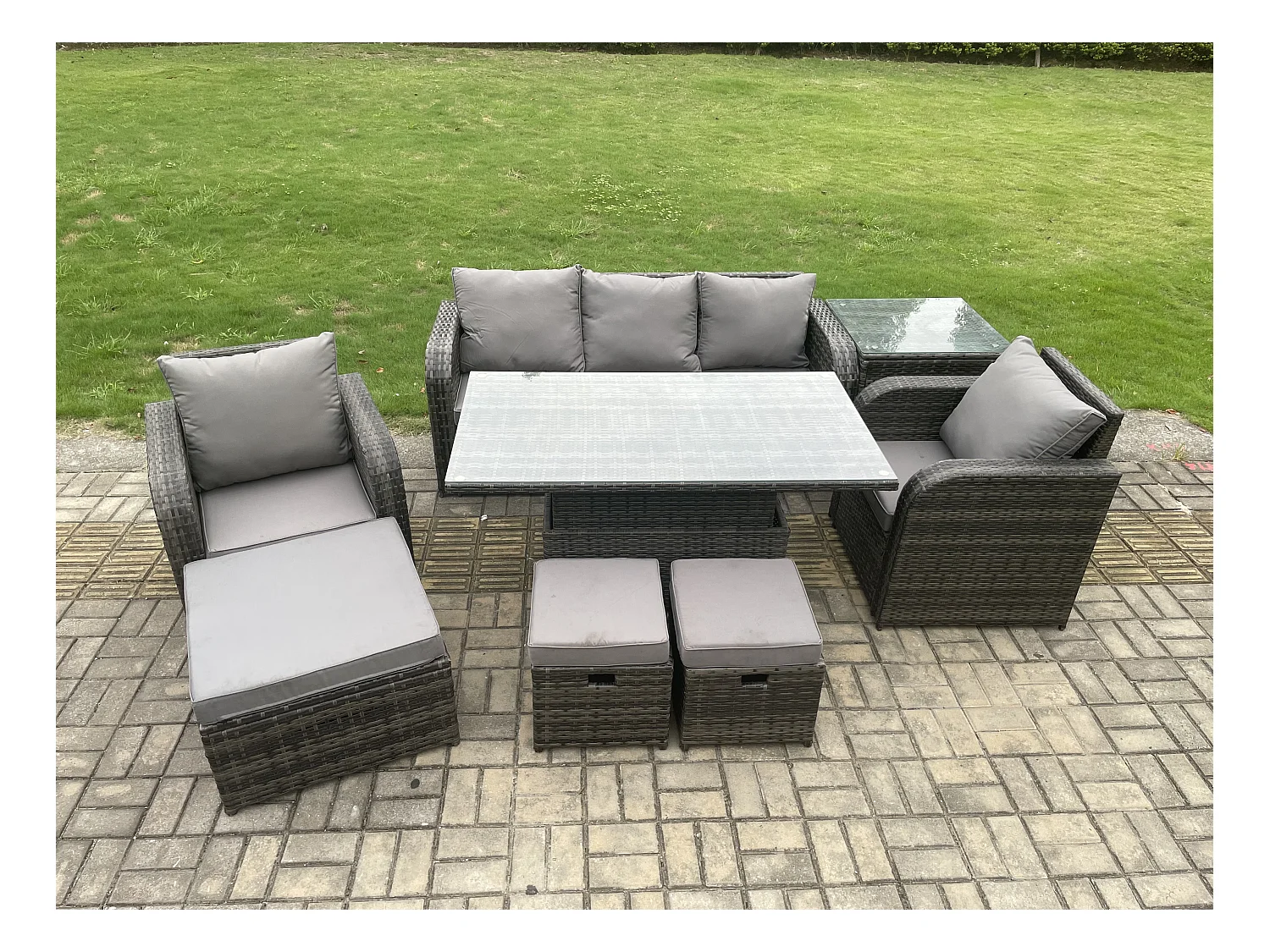 Ensemble de salle à manger jardin en rotin ave Canapé Table à manger réglable en hauteur Table d'appoint 3 Tabourets Mélange gris foncé