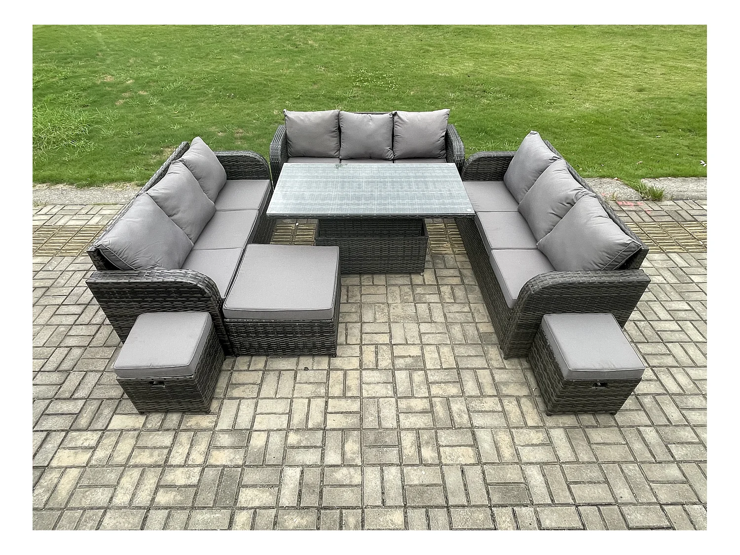 Rattan Gartensofa Set mit Einstellbare Höhe Esstisch 3 sofa 3 Hocker Dunkelgrau gemischt