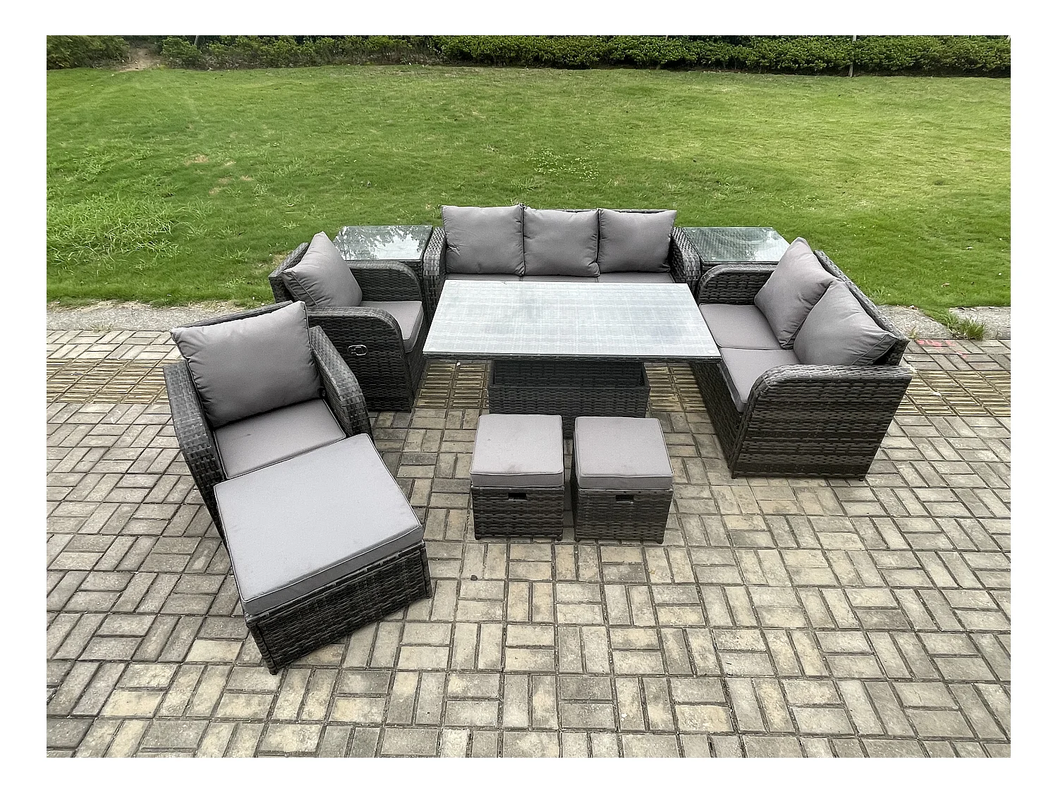 Ensemble de salle à manger jardin en rotin ave Table à manger réglable en hauteur 2 Chaises inclinable Canapé d'amour 3 Tabourets 2 Table d'appoint