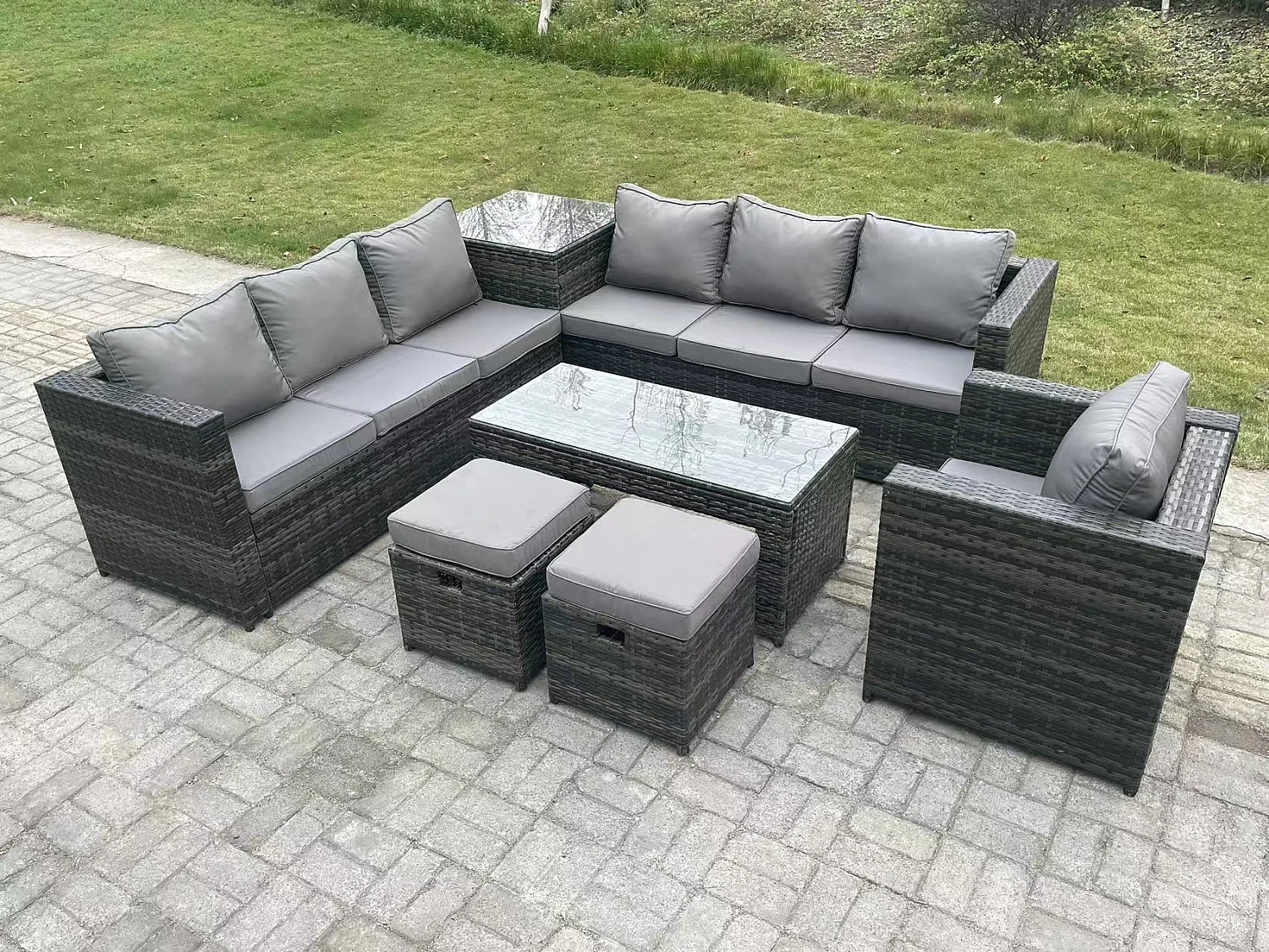 Ensemble de meubles de jardin en rotin ave Canapé d'angle Table basse Table d'appoint 2 Tabourets Chaise Mélange gris foncé