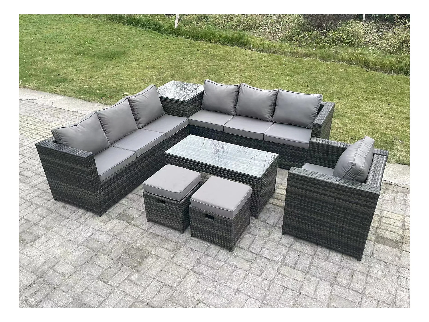 Rattan Gartenmöbel Set mit Ecksofa Couchtisch Beistelltisch 2 Hocker Chaise Dunkelgrau gemischt