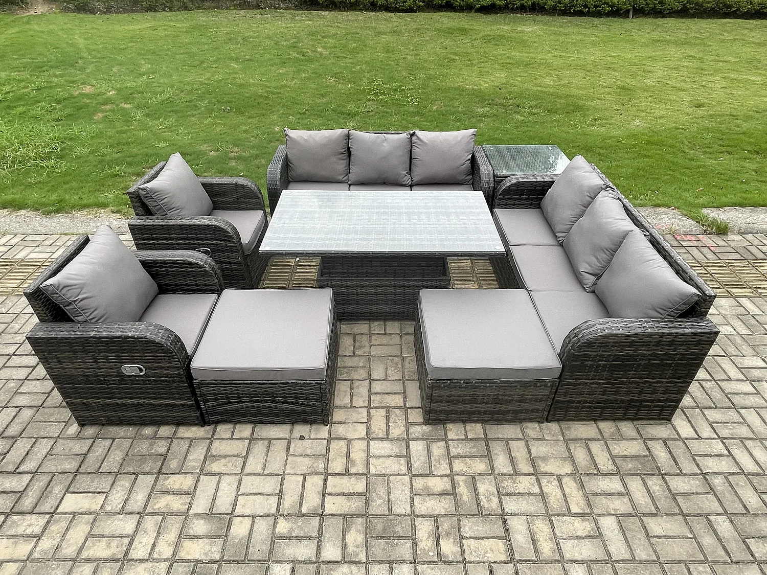 Fimous Rattan Outdoor Garden Furniture Sets Height Adjustable Rising lifting Dining Table Reclining Chair Sofa Set with Side Tables 2 Big Footstools Dark Grey Mixed