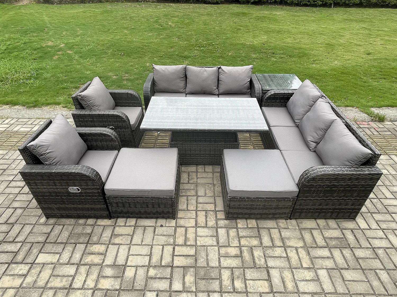 Fimous Rattan Outdoor Garden Furniture Sets Height Adjustable Rising lifting Dining Table Reclining Chair Sofa Set with Side Tables 2 Big Footstools Dark Grey Mixed