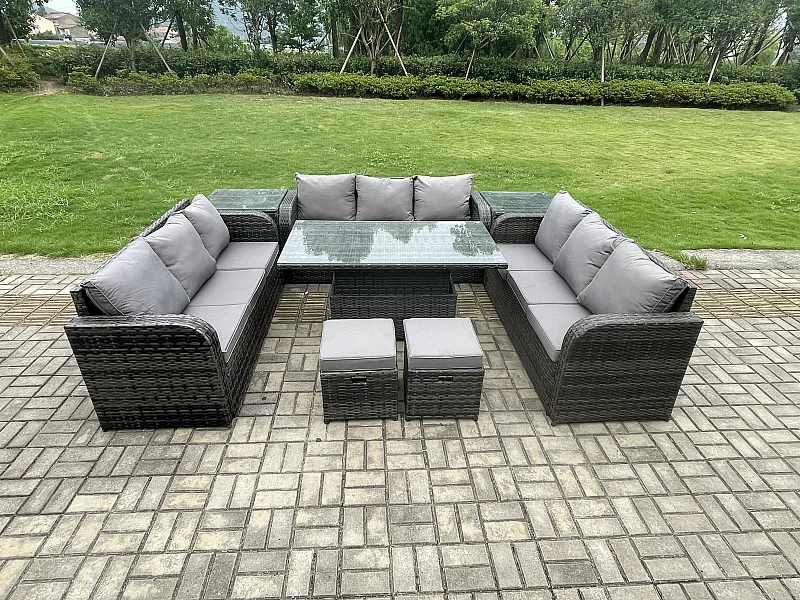 Mobilier À Dîner De Jardin ave Table à manger réglable en hauteur 3 Canapé 2 Table d'appoint 2 Tabourets