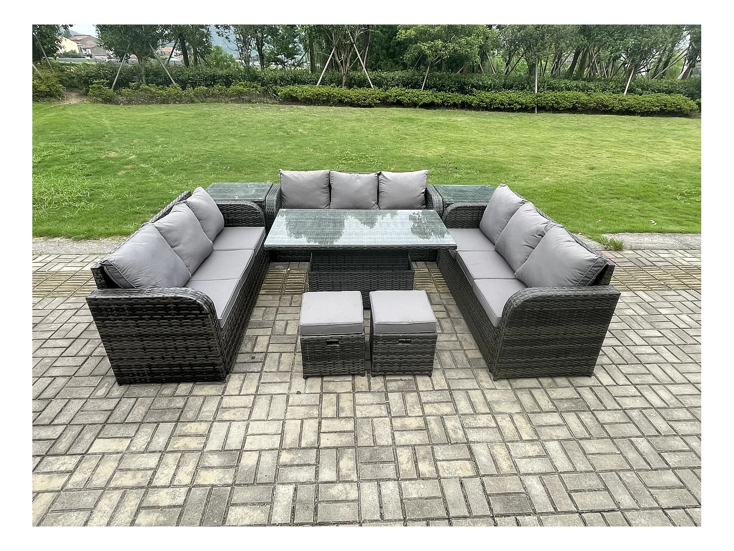 Rattan Gartensofa Set mit Einstellbare Höhe Esstisch 3 sofa 2 Beistelltisch 2 Hocker