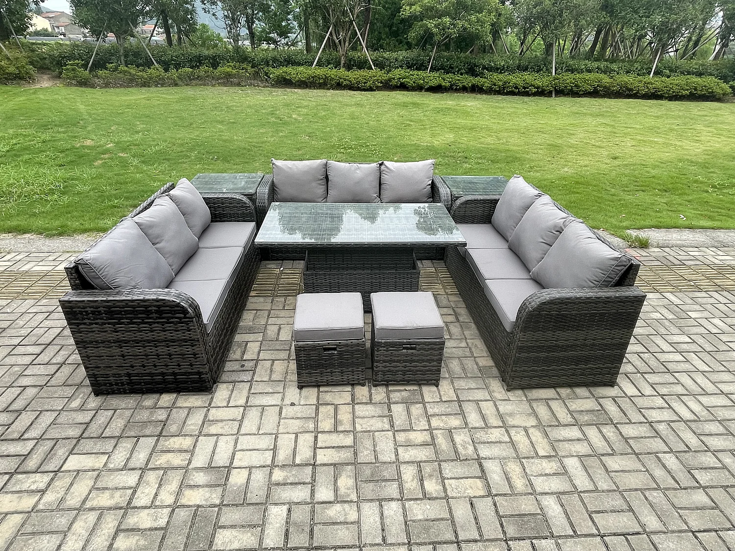 Fimous 11 Seater Garden Dining Sets Outdoor Rattan Furniture Lounge Sofa Height Adjustable Rising lifting Table With 2 Side Tables 2 Small Footstools