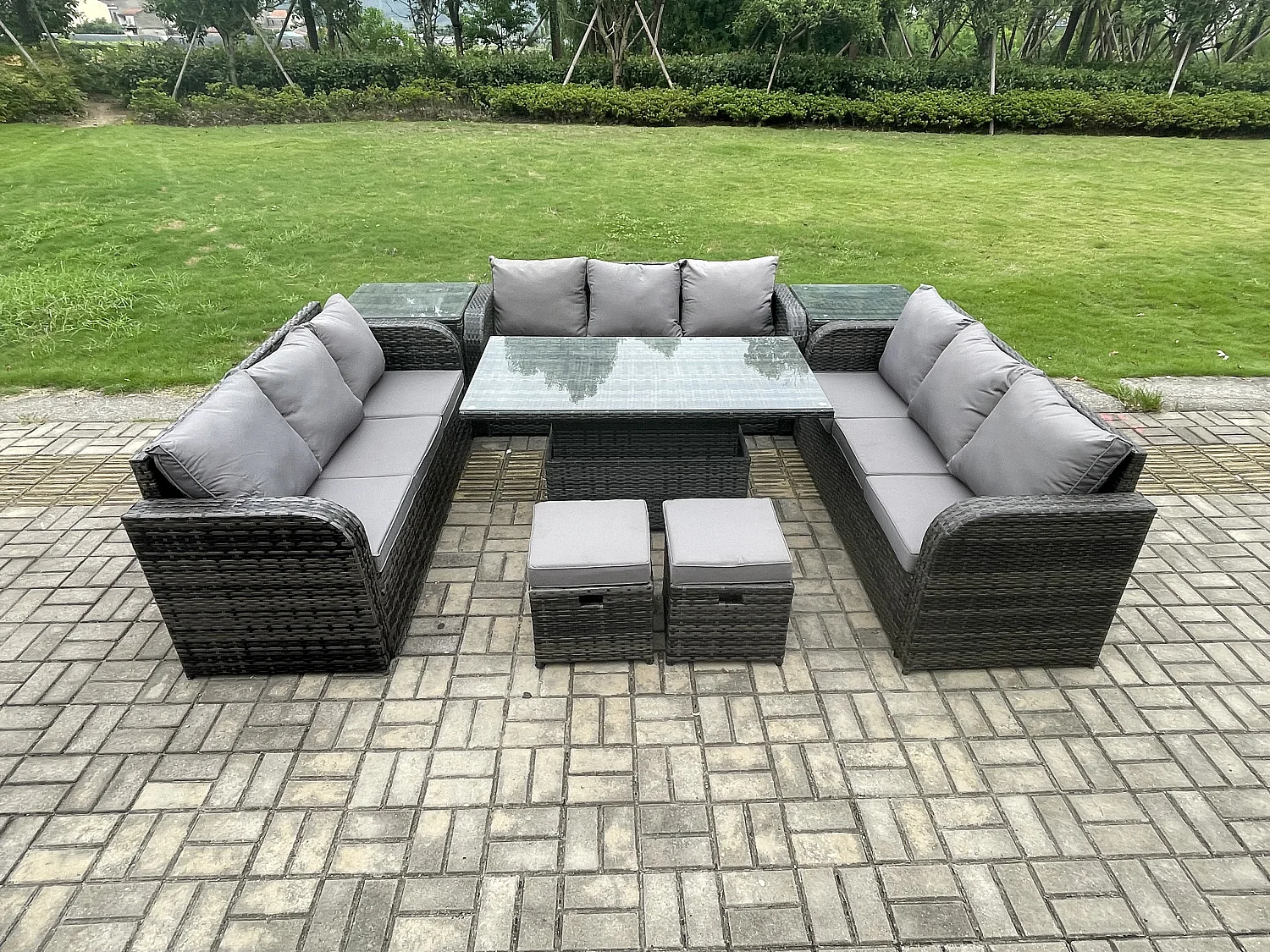 Fimous 11 Seater Garden Dining Sets Outdoor Rattan Furniture Lounge Sofa Height Adjustable Rising lifting Table With 2 Side Tables 2 Small Footstools
