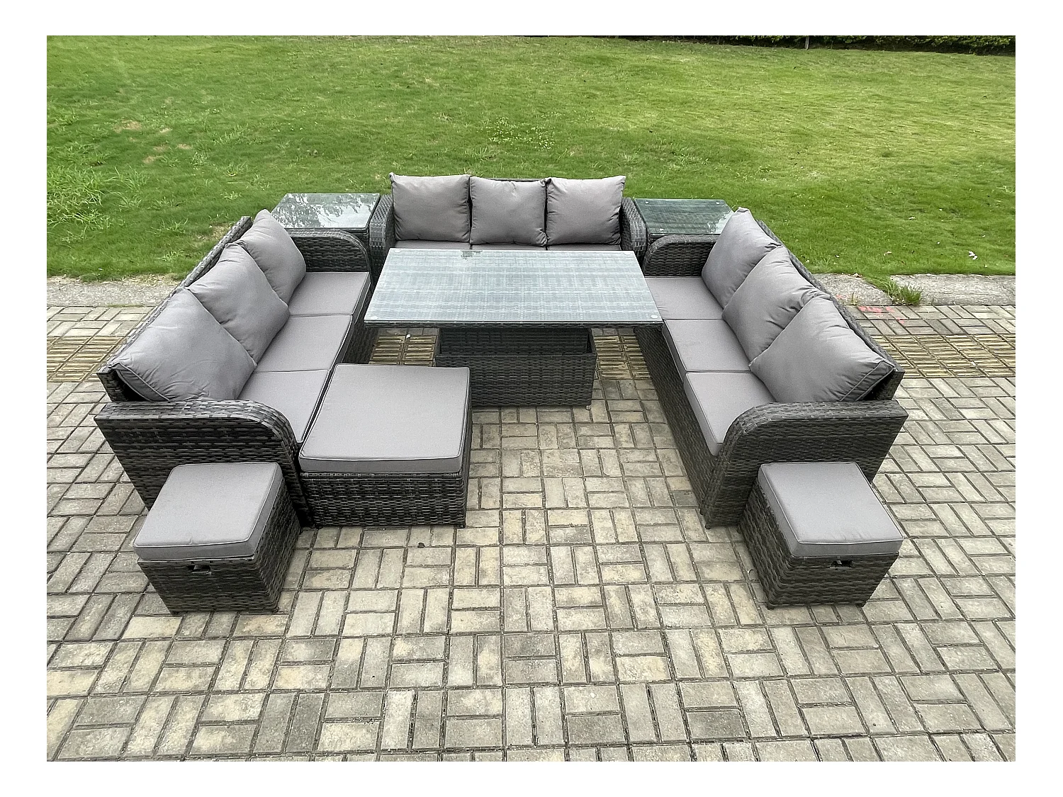 Rattan Gartensofa Set mit Einstellbare Höhe Esstisch 3 sofa 3 Hocker 2 Beistelltisch Dunkelgrau gemischt