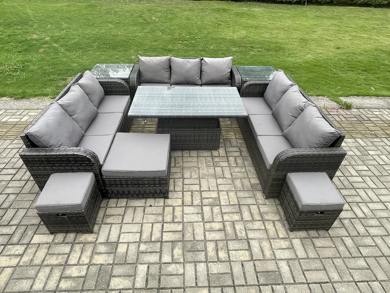 Fimous 12 Seater Garden Dining Sets Outdoor Rattan Furniture Lounge Sofa Height Adjustable Rising lifting Table With 2 Side Tables 3 Footstools Dark Grey Mixed
