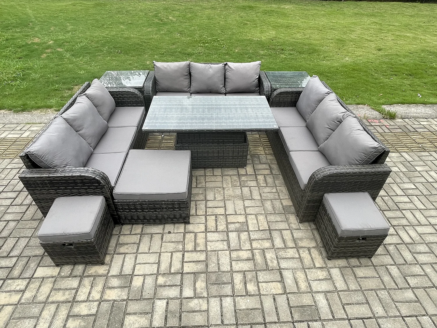 Fimous 12 Seater Garden Dining Sets Outdoor Rattan Furniture Lounge Sofa Height Adjustable Rising lifting Table With 2 Side Tables 3 Footstools Dark Grey Mixed