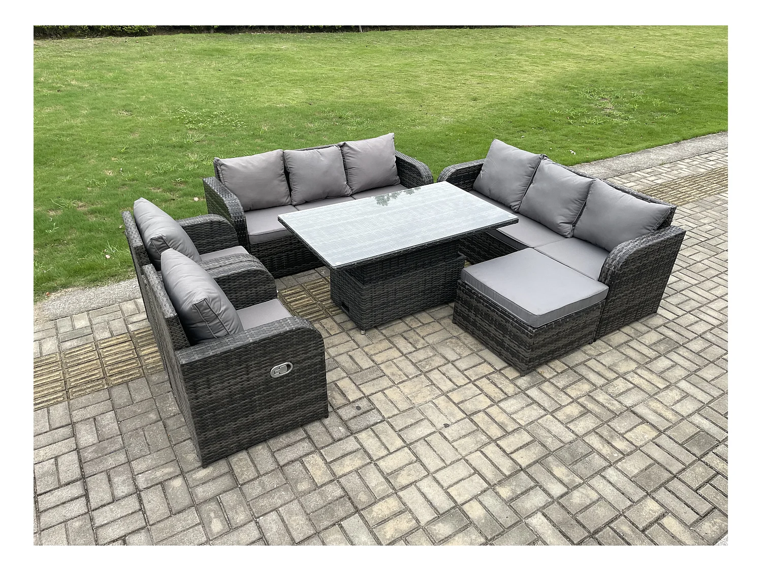 Ensemble de salle à manger jardin en rotin ave Table à manger réglable en hauteur 2 Chaises inclinable 2 Canapé Tabourets Mélange gris foncé