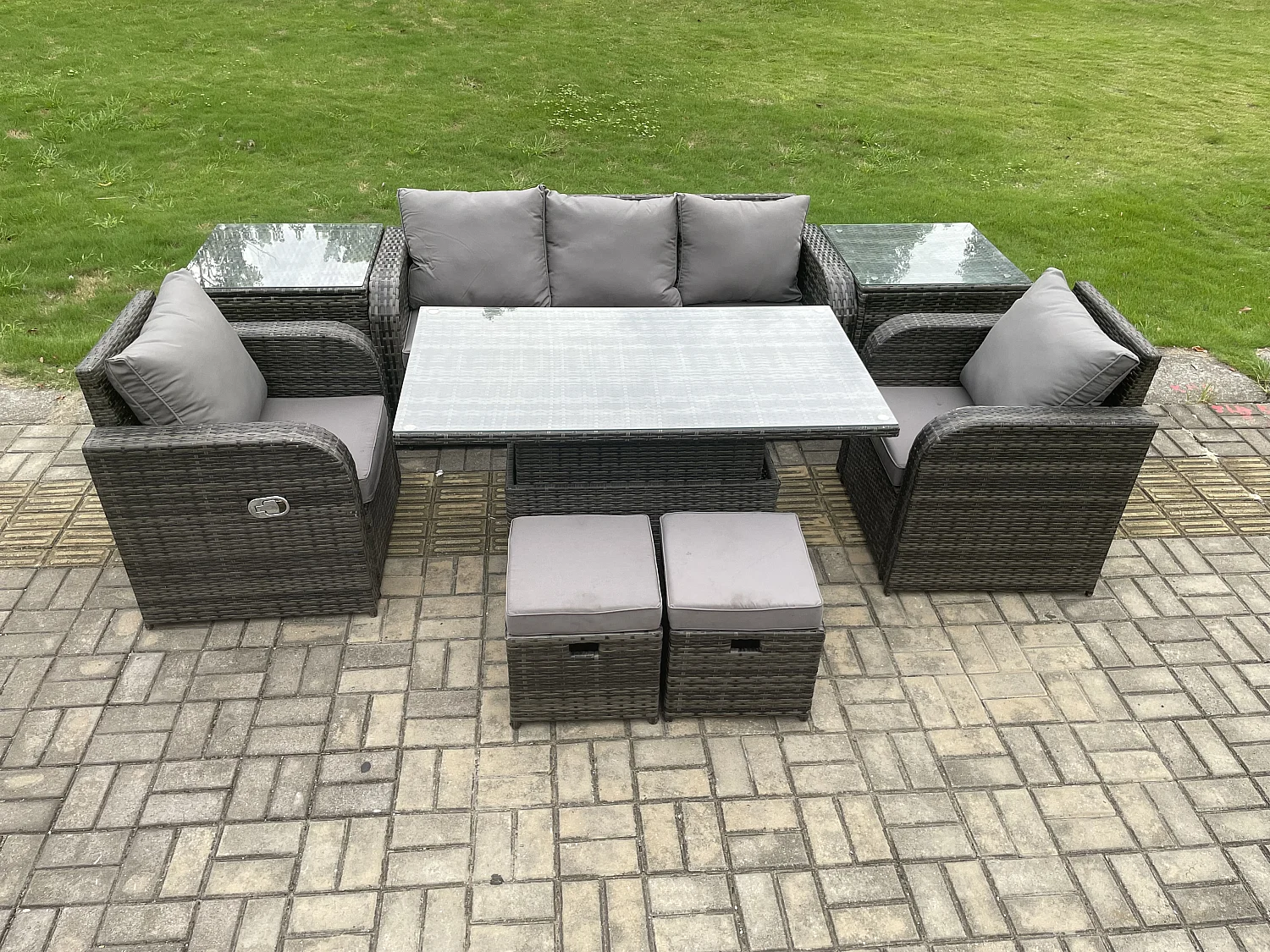 Fimous Outdoor Rattan Furniture Garden Dining Sets Height Adjustable Rising lifting Table Sofa Set With Chairs Side Tables 2 Small Footstools