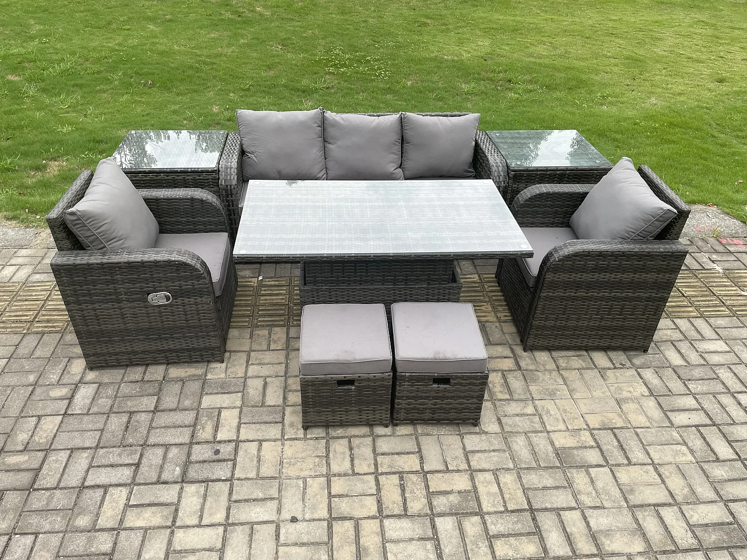 Fimous Outdoor Rattan Furniture Garden Dining Sets Height Adjustable Rising lifting Table Sofa Set With Chairs Side Tables 2 Small Footstools
