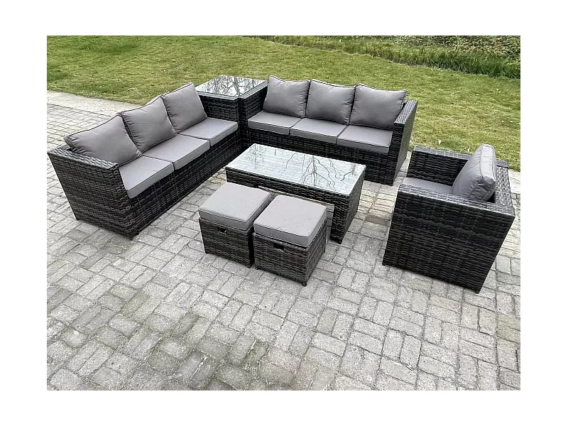 Meubles de jardin PE Rotin ave canapé Table basse 2 Tabourets Chaise Table d'appoint Mélange gris foncé