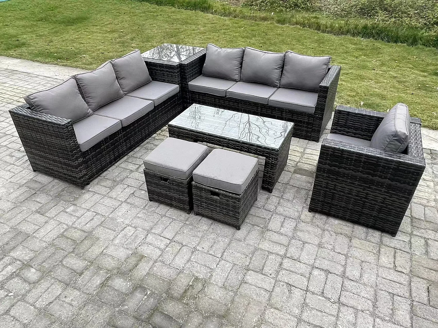 Meubles de jardin PE Rotin ave canapé Table basse 2 Tabourets Chaise Table d'appoint Mélange gris foncé