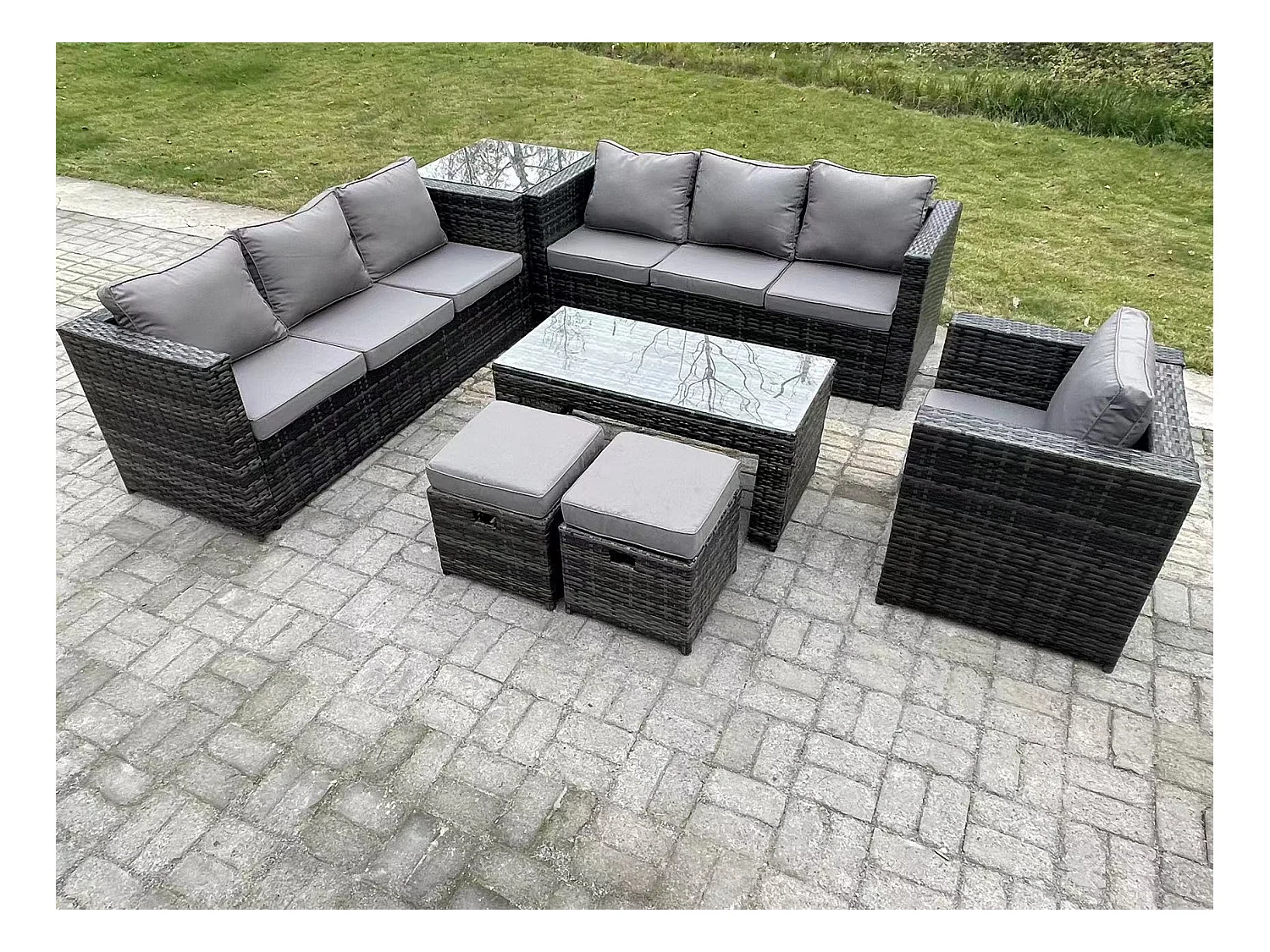 Meubles de jardin PE Rotin ave canapé Table basse 2 Tabourets Chaise Table d'appoint Mélange gris foncé