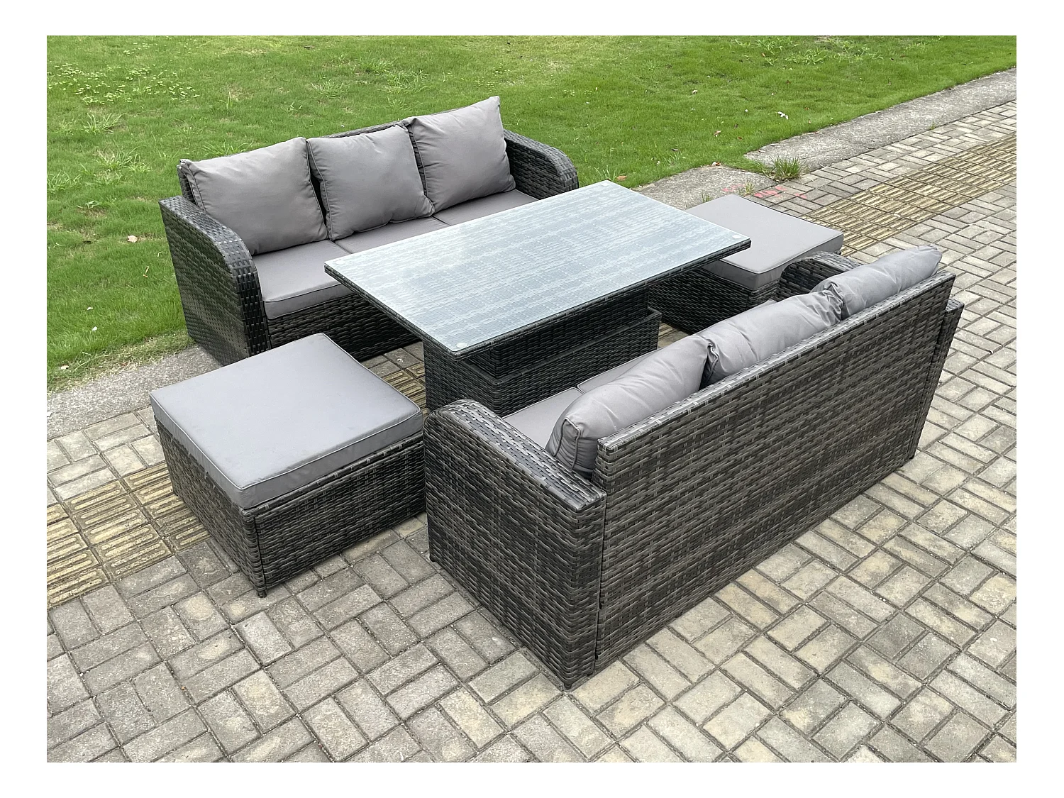 Gartenmöbel Lounge Set 8-Sitzer mit Einstellbare Höhe Esstisch sofa 3-Sitzer 2 Grand Hocker Dunkelgrau gemischt