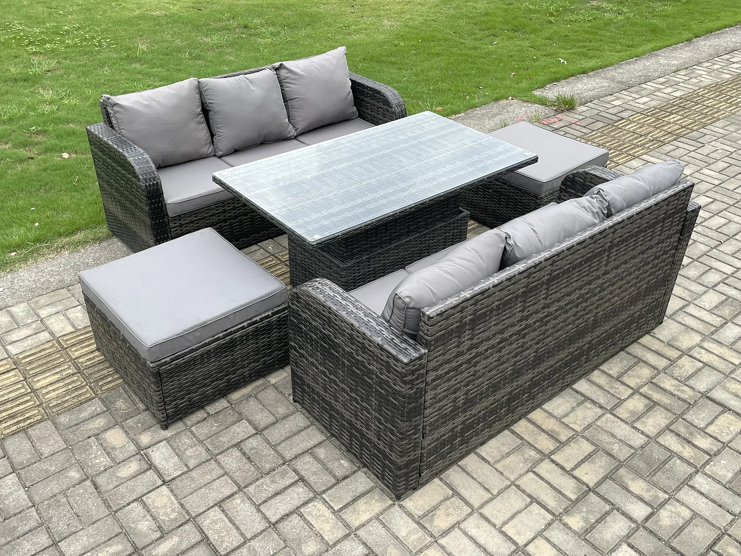 Fimous Outdoor Rattan Garden Furniture Sets Height Adjustable Rising lifting Dining Table Sofa Set with 2 Big Footstool 8 Seater Dark Grey Mixed