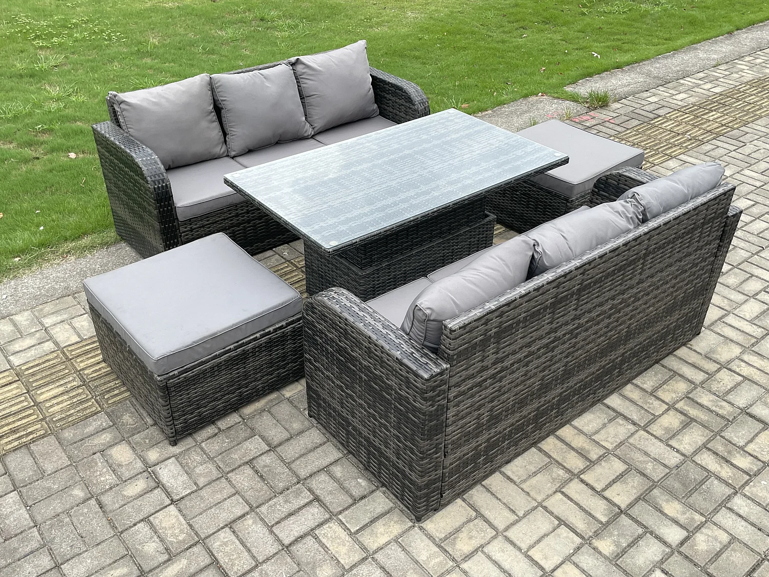 Fimous Outdoor Rattan Garden Furniture Sets Height Adjustable Rising lifting Dining Table Sofa Set with 2 Big Footstool 8 Seater Dark Grey Mixed