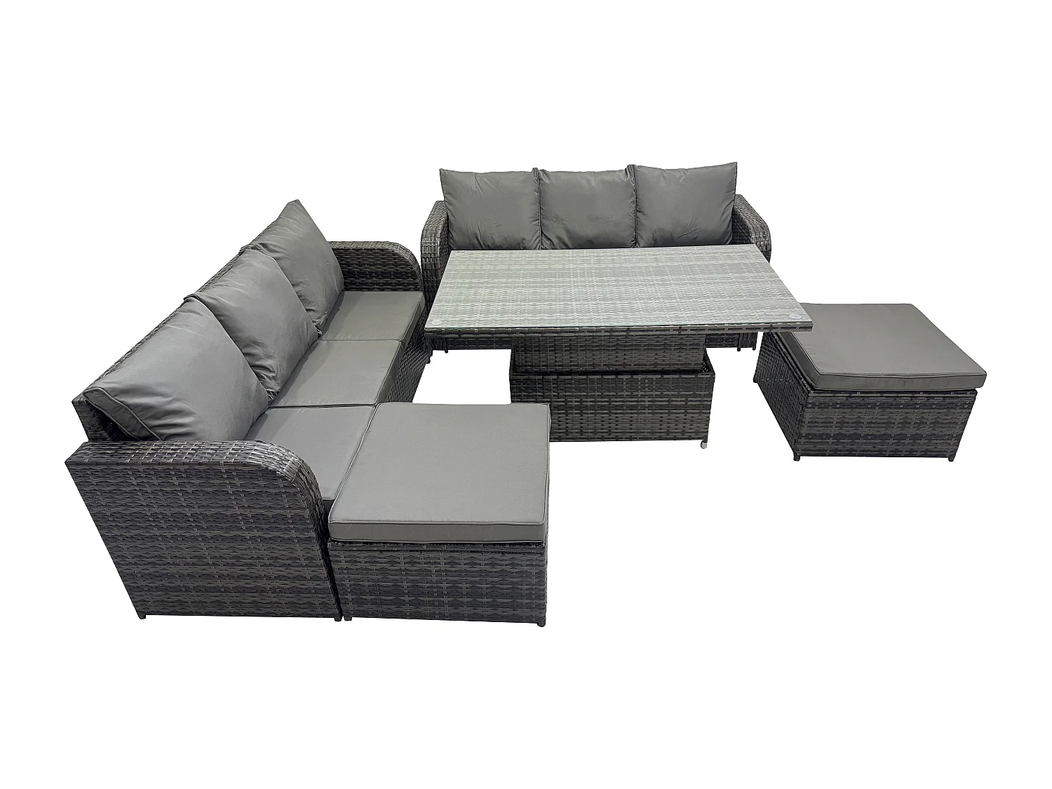 Fimous Outdoor Rattan Garden Furniture Sets Height Adjustable Rising lifting Dining Table Sofa Set with 2 Big Footstool 8 Seater Dark Grey Mixed