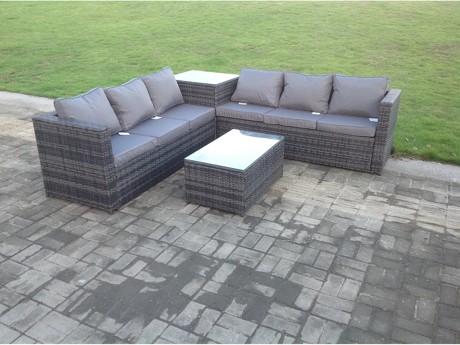 Fimous Grey Rattan Corner Sofa Set Outdoor Garden Furniture Oblong Coffee Table Set Patio With Cushions